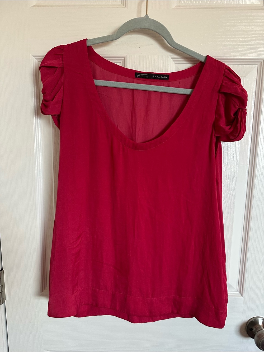 Zara basics Bright Pink Scoop Neck  Short knot Sleeve Blouse